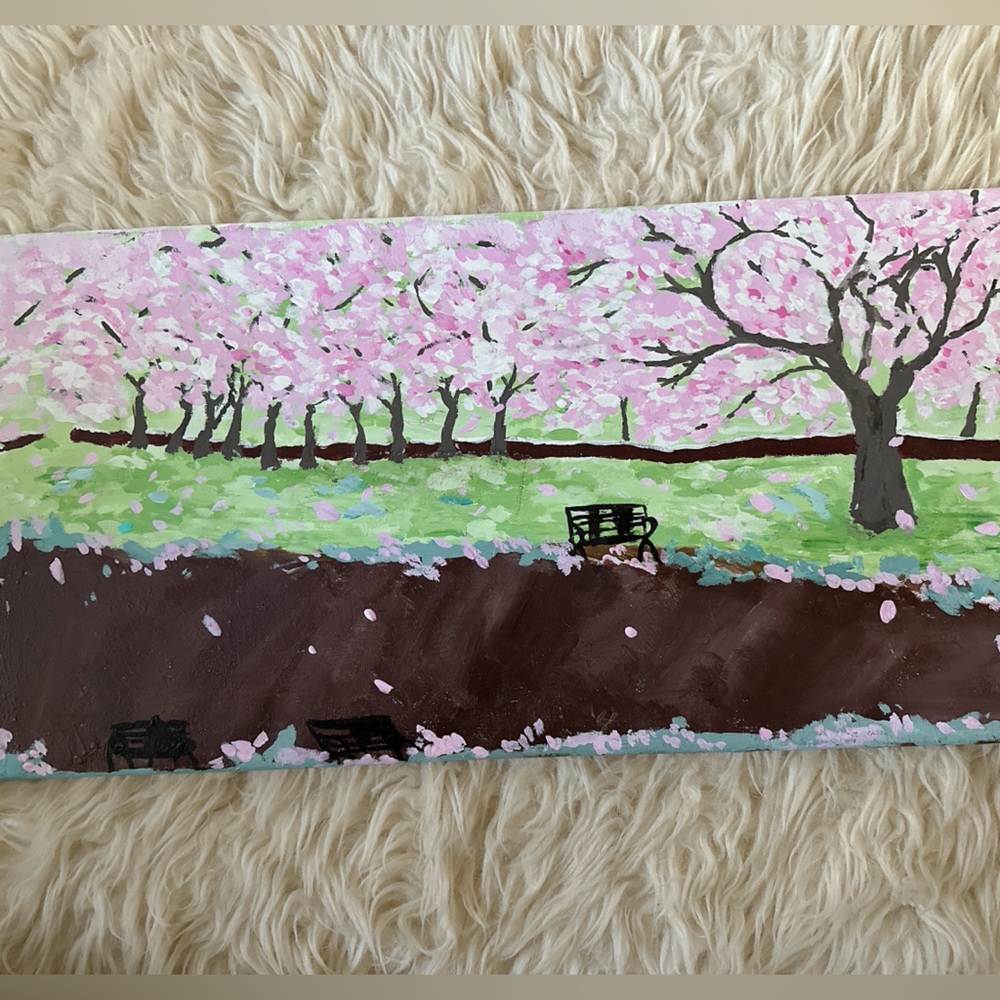 Long cherry blossom pathway painting, acrylic